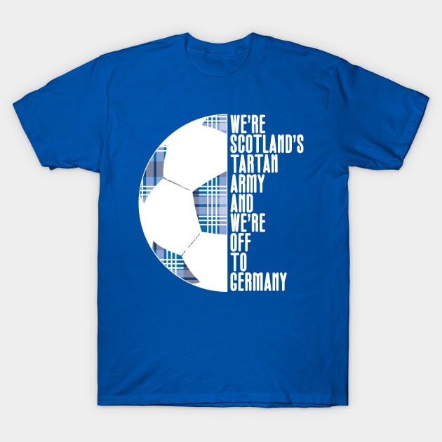 Scotland's Tartan Army, White and Blue Tartan Ball and Text Design T-Shirt by MacPean